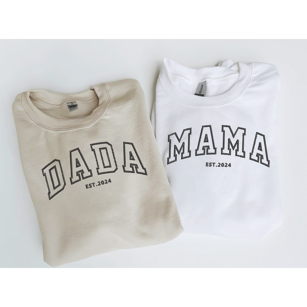 Custom Embroidered Mama and Dad Shirt, Custom Embroidered Sweatshirt, Daddy Tee, Birthday Gift for Mom, Father's Day Gift, Baby Announcement.jpg