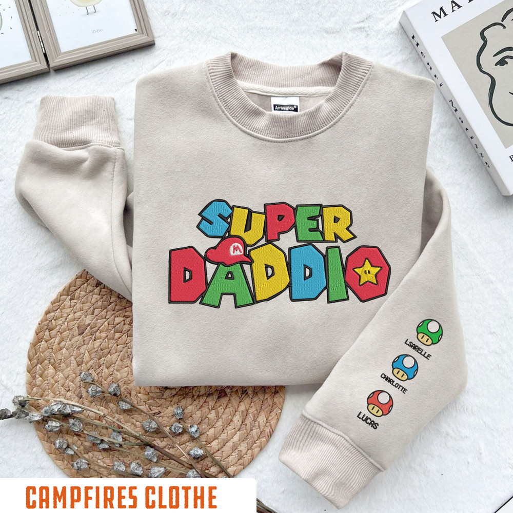 Custom Embroidered Super Daddio Crewneck, Funny Dad Shirt, Father's Day Shirt, Super Dad Shirt, Gamer Daddy Shirt, Kids name on Sleeve, Fath.jpg