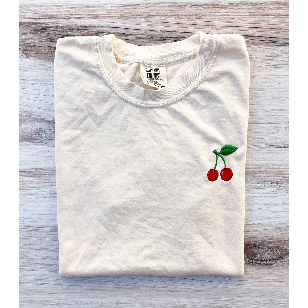 Cherry Embroidered Comfort Colors Tee, Cherries Shirt, Summer T-Shirt, Embroidered Tee, Embroidered Shirt, Custom Shirt, Cute Cherries Tee.jpg