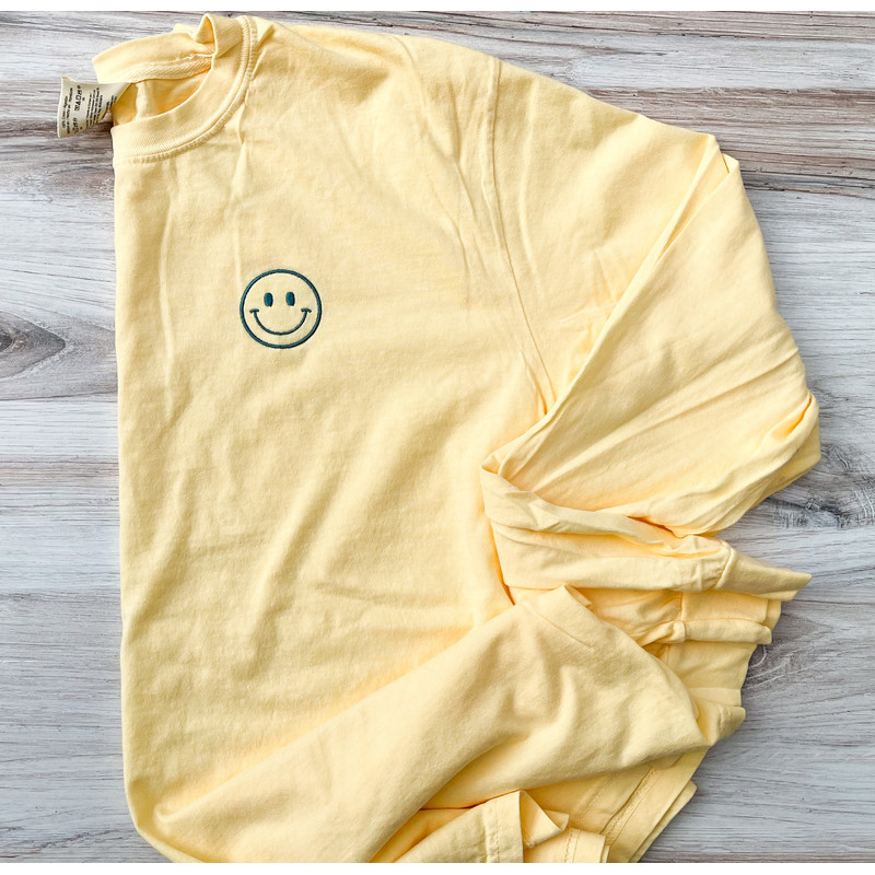Happy Face Comfort Colors Long Sleeve, Smile Shirt, Happy Tee, Embroidered Tee, Embroidered Shirt, Custom Shirt, Retro Happy Face Shirt.jpg