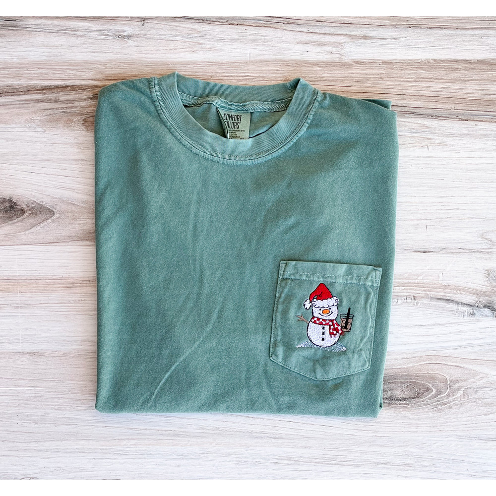 Snowman Comfort Colors Tee, Christmas Pocket Embroidered Shirt, Christmas T-Shirt, Winter Tee, Embroidered Shirt, Custom Shirt, Holiday Gift.jpg