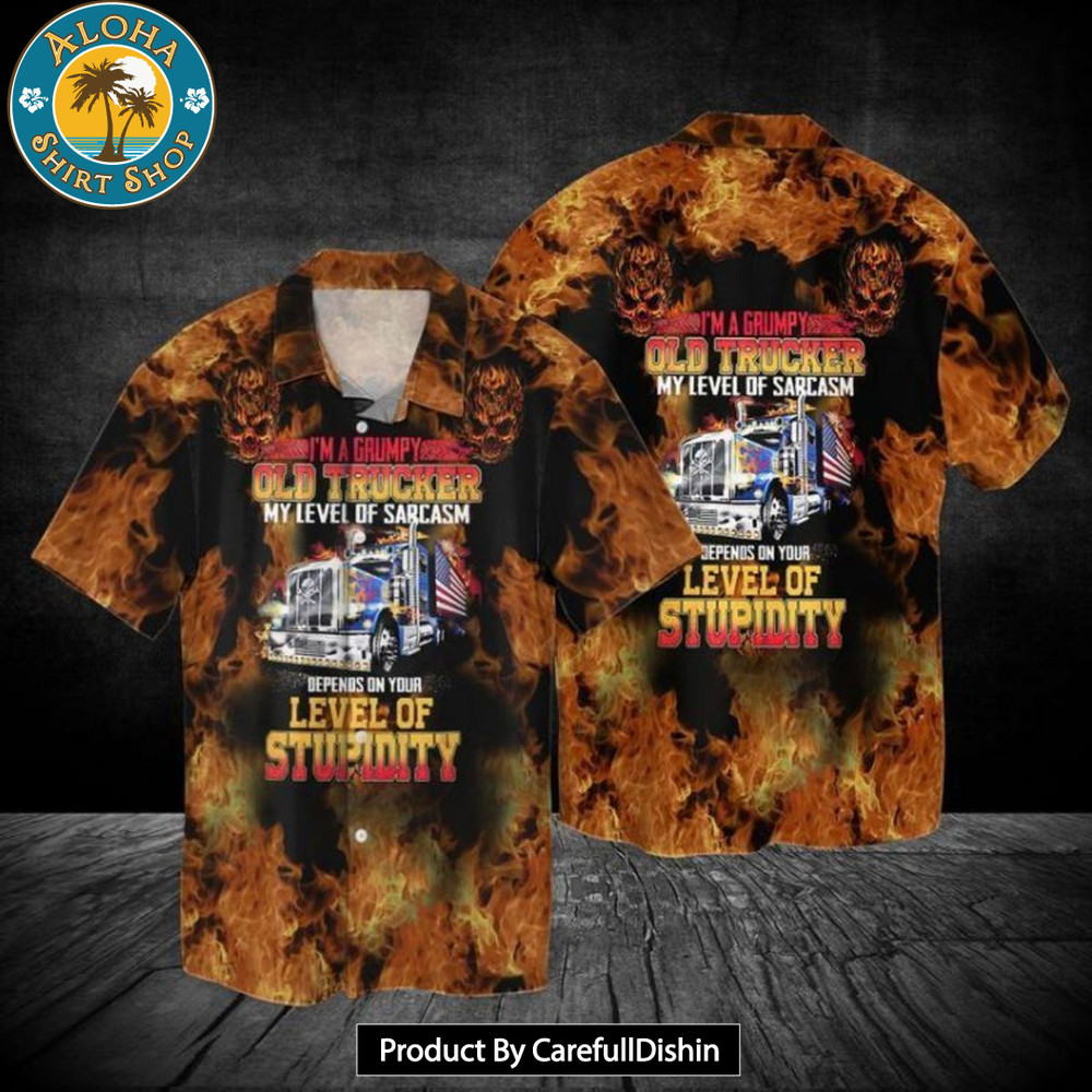 4th Of July Independence Day Firefighter I Am A Grumpy Old Trucker My Level Of Sarcasm Hawaiian Shirt.jpg