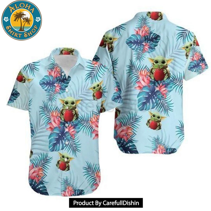 Baby Yoda Hugging Apples Seamless Tropical Colorful Flowers Blue Leaves On Blue Hawaiian Shirt 1.jpg