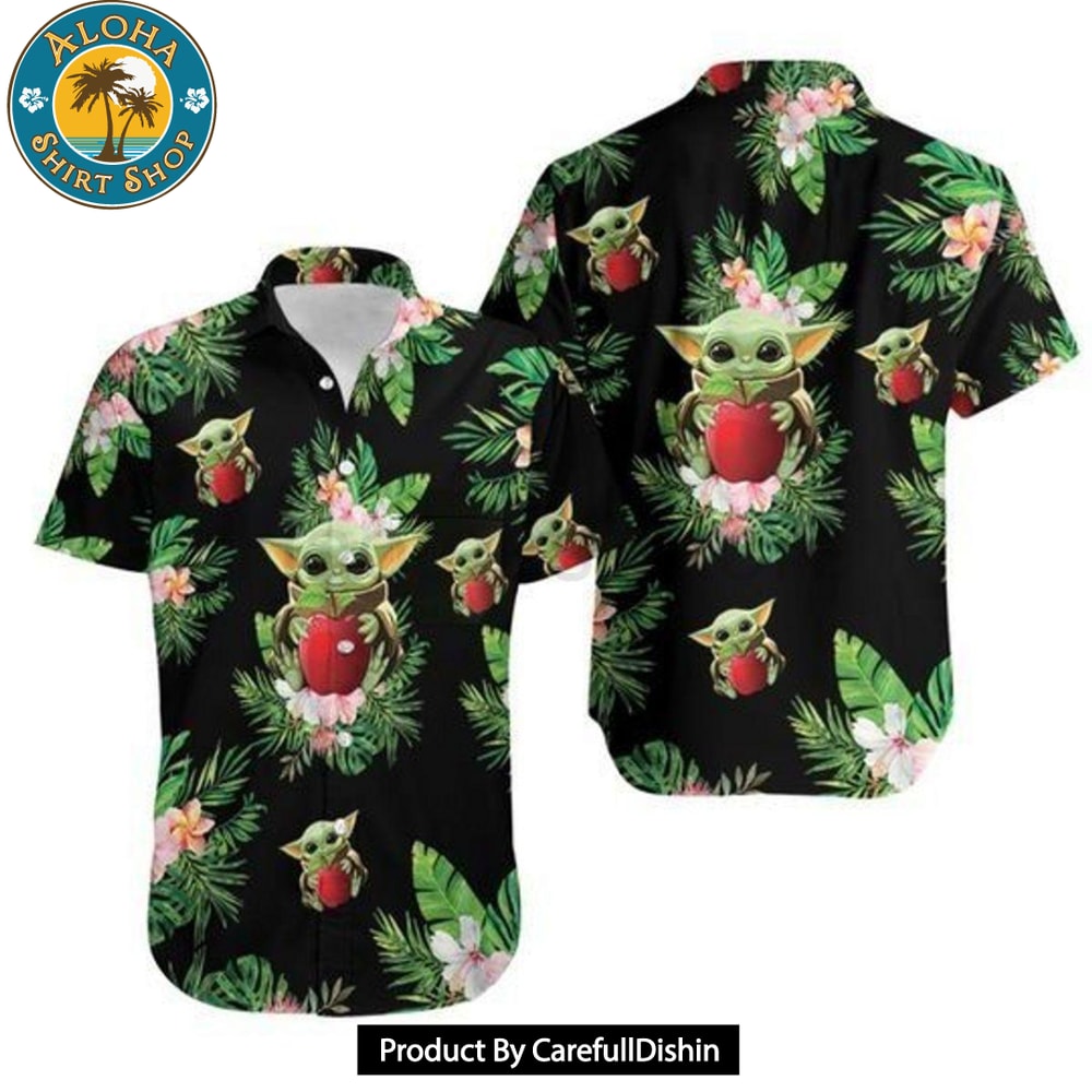 Baby Yoda Hugging Apples Seamless Tropical Green Leaves On Black Hawaiian Shirt 1.jpg