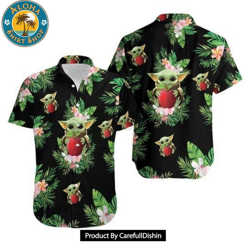 Baby Yoda Hugging Apples Seamless Tropical Green Leaves On Black Hawaiian Shirt 1.jpg
