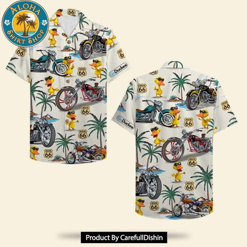 Biker Duck & Classic Motorcycles Pattern Hawaiian Shirt.jpg