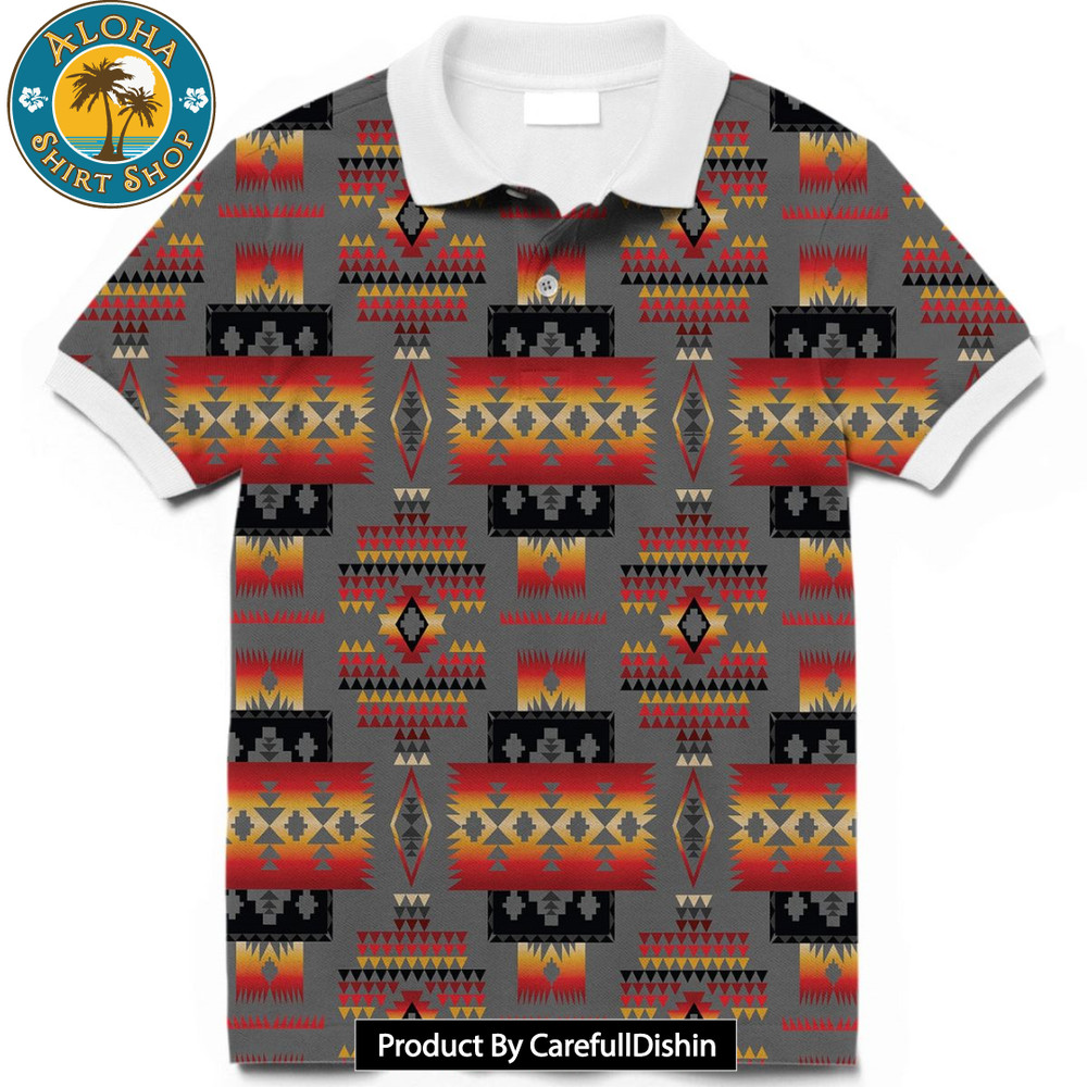 Gray Tribe Pattern Native American Polo T-Shirt 3D.jpg
