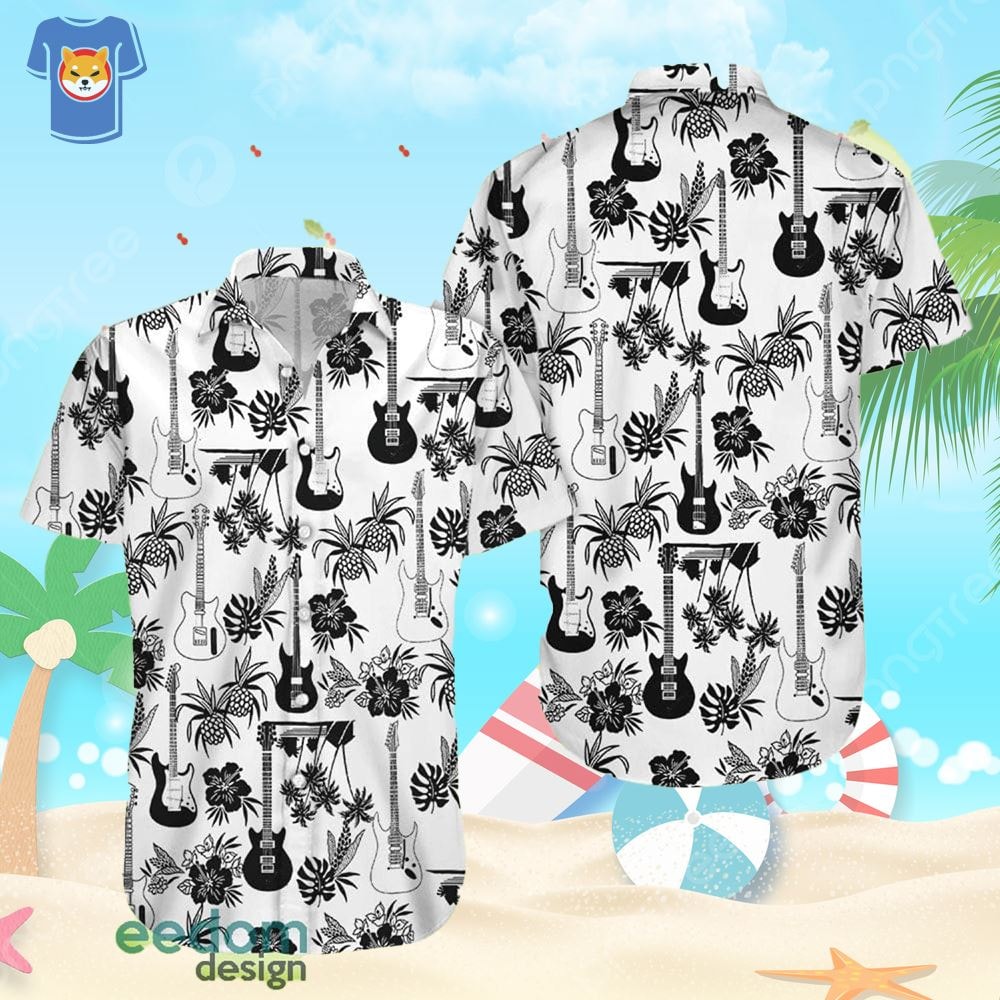 Black Electric Guitar And Pineapple Pattern White Hawaiian Shirt.jpg