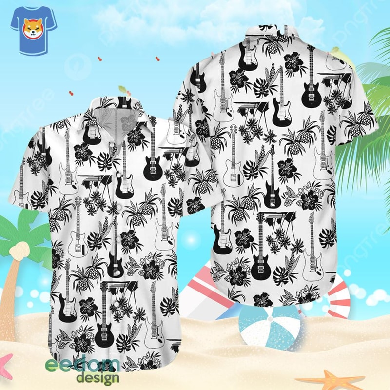 Black Electric Guitar And Pineapple Pattern White Hawaiian Shirt.jpg