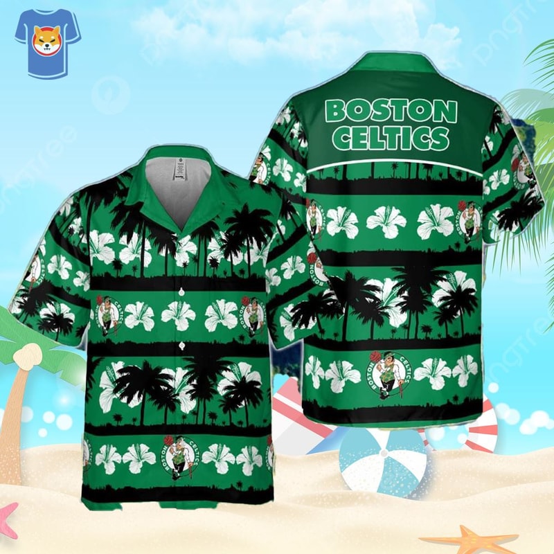 Boston Celtics White Hibiscus Flower On Green Background Print Hawaiian Shirt.jpg