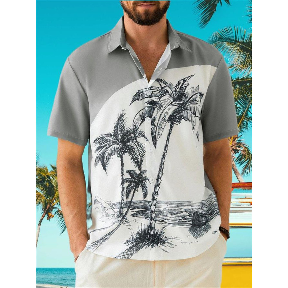 Coconut Print Lapel Loose Short Sleeve Trendy Hawaiian Shirt.jpg