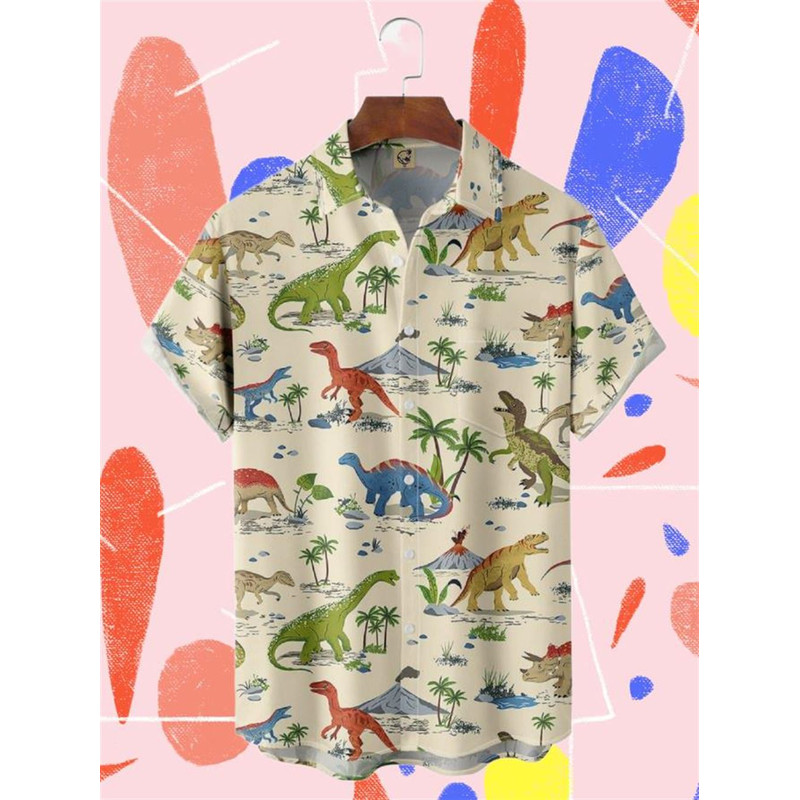 Dinosaur Chest Pocket Short Sleeve Hawaiian Shirt.jpg