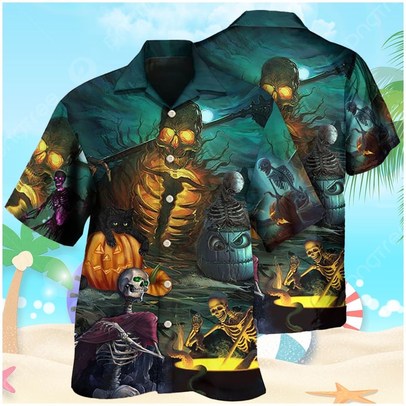 Halloween Skull Dark Scary Pumpkin Hawaiian Shirt.jpg