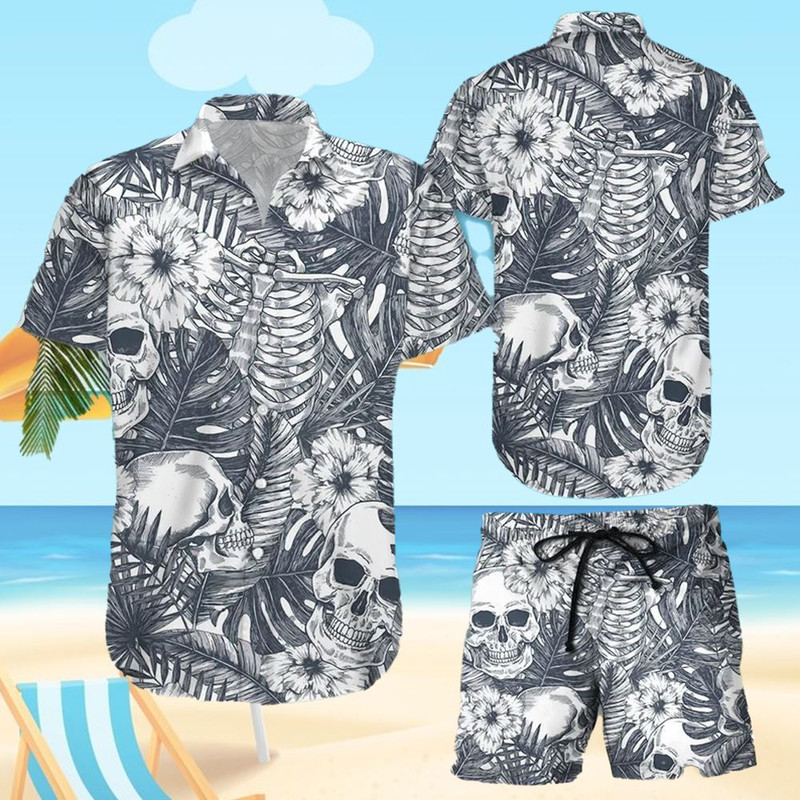 Halloween Skull Tropical Grey Hawaiian Shirt And Shorts.jpg