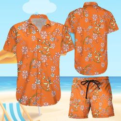 orange bird aloha floral hawaiian shirt and shorts
