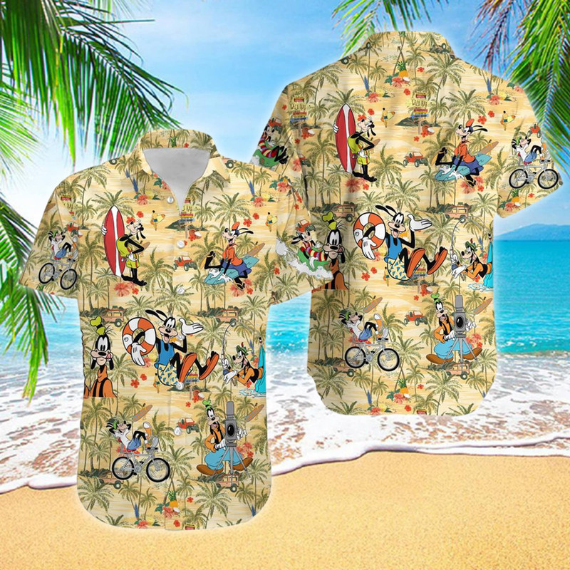 Dog With Palm Tree Hawaii Beach Shirt, Dog Button Up Shirt Holiday, Dog Hawaiian Shirt, Dog Shirt Gift, Cartoon 3D All Over Print Shirt.jpg