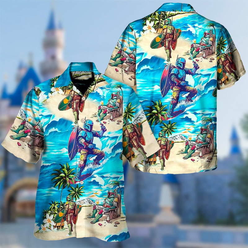 Hunter Surfing Hawaiian Shirt, Tropical Galaxy Hunter Aloha Shirt, Space Button Up Shirt, Space Movie Beach Shirt, Summer Beach Hawaii Shirt.jpg