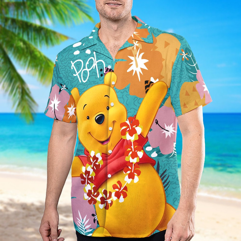 Yellow Bear Hawaiian Summer Family T Shirt, Hawaii Beach Trip Shirt, Cartoon Character Hawaiian Vacation Gift Tee For Fan.jpg