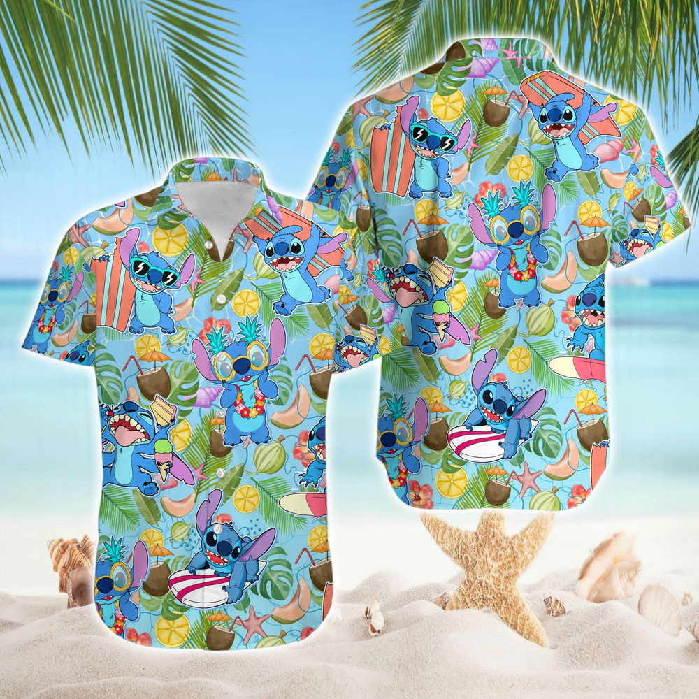 Stitch Hawaiian Shirt, Stitch Summer Shirt, Summer Hawaiian TShirt, Stitch Ohana Shirt, Stitch Aloha Shirt, Disneyland Family Vacation Shirt.jpg