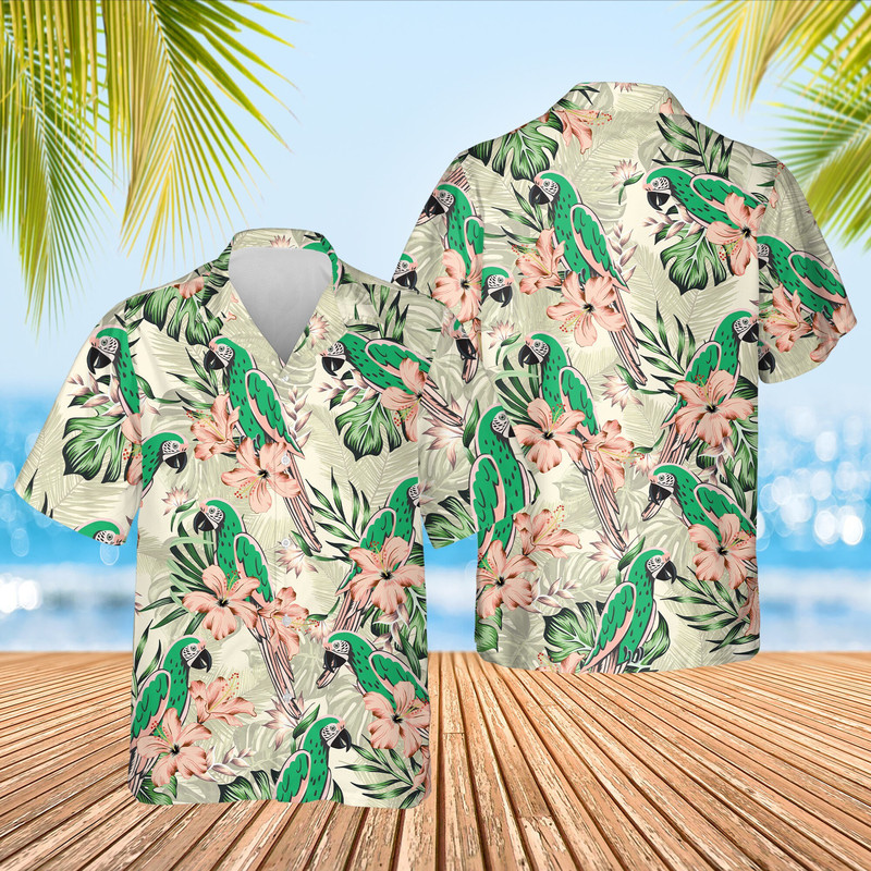 Parrots Green Banana Palm Leaves Hawaiian Shirt, Exotic Summer Parrots Shirt, Hawaiian Birds Shirt.jpg