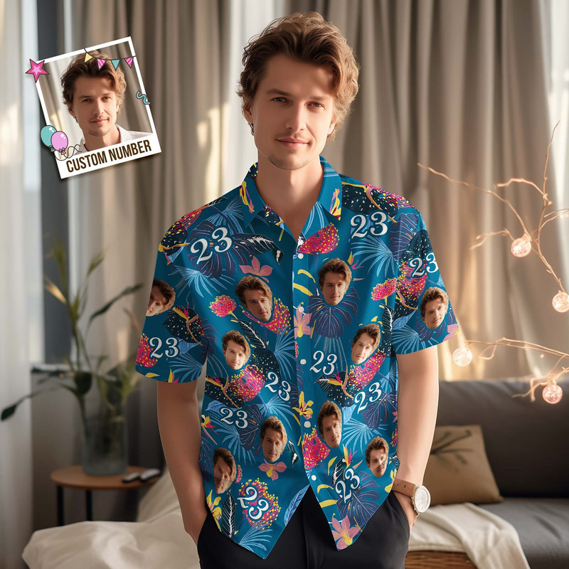 Custom Face Hawaiian Shirt Number and Face Hawaiian Shirt Dark Blue Sleeves and Pink Flowers, Face Hawaiian Shirt Men Women Kid.jpg