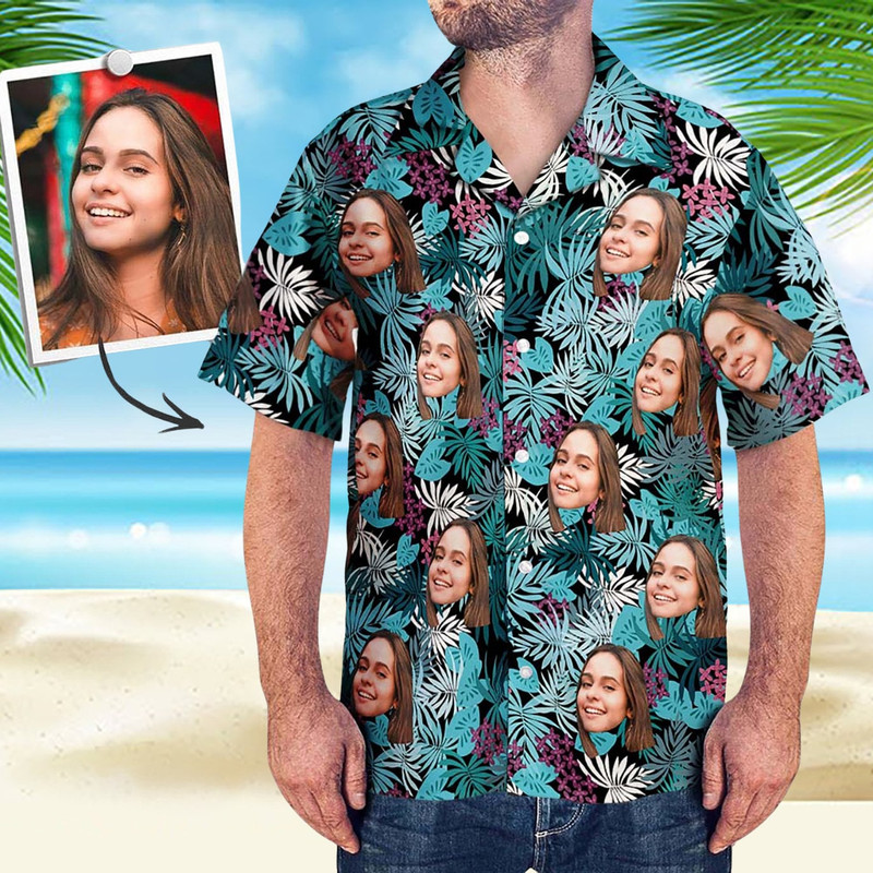 Custom Hawaiian Shirt for Man Woman Dog Face, Custom Face Shirt Men's Hawaiian Shirt Leaves, Personalized Shirt for Couple.jpg