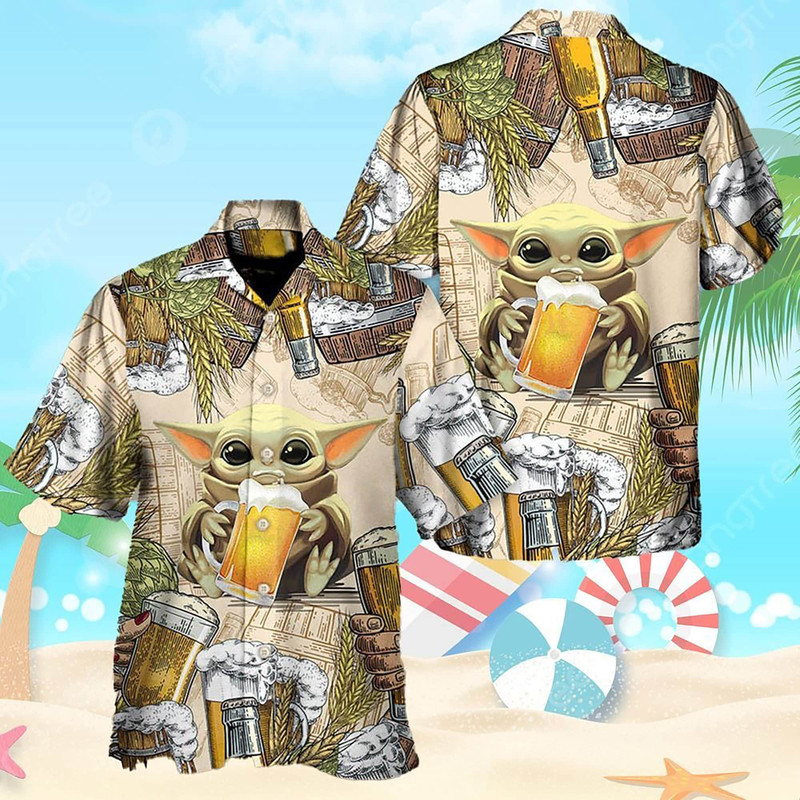 Star Wars Baby Yoda And Beer Wheat Hawaii Shirt, The Mandalorian Baby Yoda Summer Trip Family Hawaiian Shirt.jpg