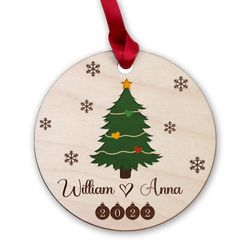 personalized wood couple ornament pine tree drawing style