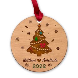 personalized wood couple ornament pine tree wooden style