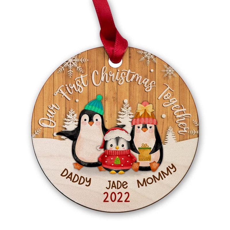 Personalized Wood First Family Penguin Together Ornament.jpg