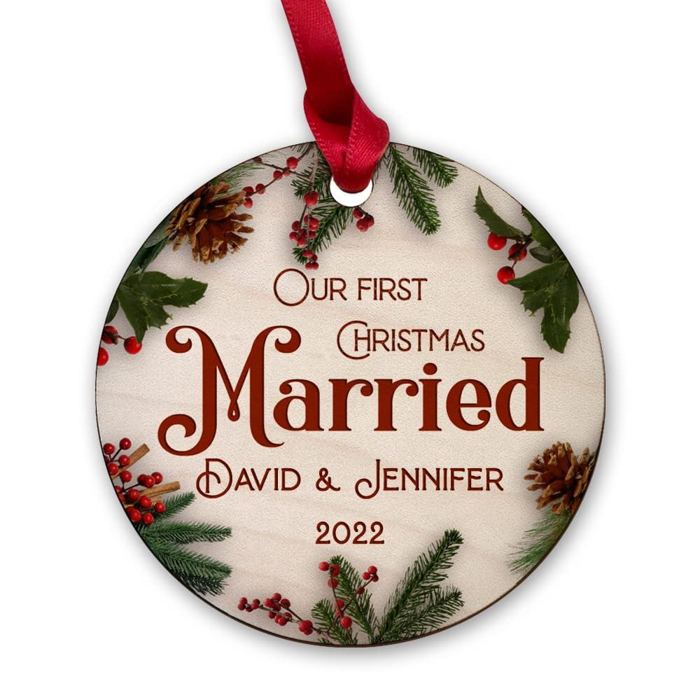 Personalized Wood Ornament First Xmas Married.jpg
