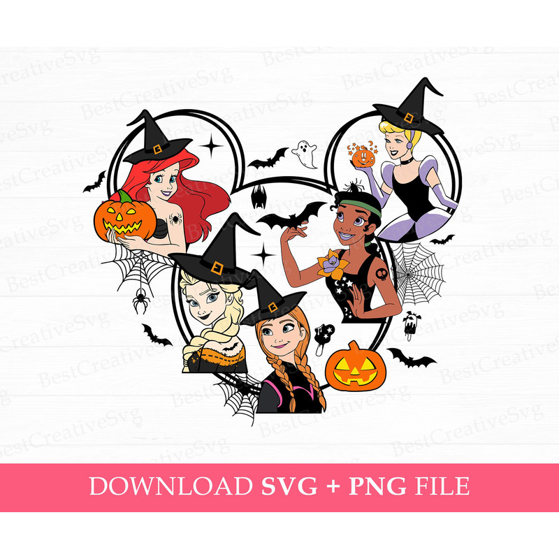 Halloween Princesses Svg, Happy Halloween Svg, Witch Princesses Club Svg, Trick or Treat Svg, Bats and Spiders, Png File For Sublimation.jpg
