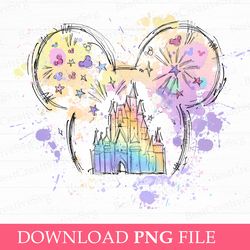 watercolor castle png, family vacation png, watercolor magical kingdom png, mouse ear balloons and stars png, png file f