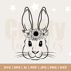 floral bunny svg, easter bunny svg, happy easter svg, animal face svg, flower crown svg, spring svg, rabbit svg cut file