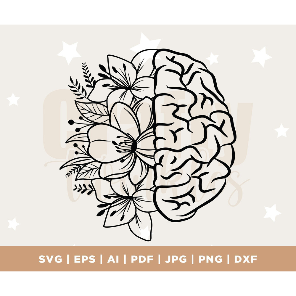 Mental health svg, flower brain svg, wildflower svg, human brain clipart, Anatomy design, Medical clipart, Silhouette, Cricut, Cut File.jpg