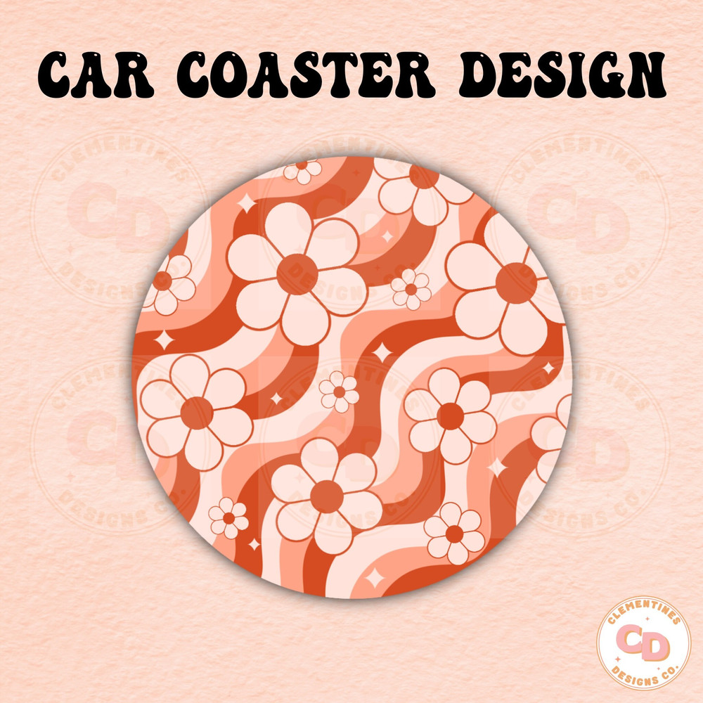 Retro Flower Car Coaster PNG Design,Sublimation Design,Car coaster sublimation,Coaster designs,Trendy png,Sublimation png,Coaster png.jpg