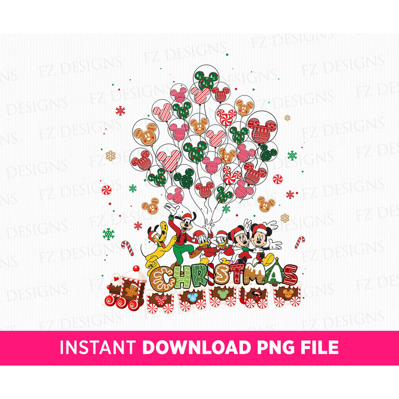 Christmas Mouse and Friends Png, Christmas Png, Snowflakes and Balloons Png, Christmas Cute Train Png, Vacay Mode, Png File For Sublimation.jpg