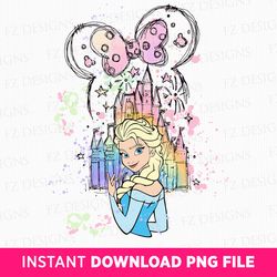 frozen princess png, magical kingdom png, watercolor mouse ear and bow png, magical castle clipart png, vacay mode, png