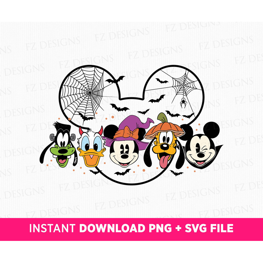 Happy Halloween Friends Svg, Mouse and Friends Svg, Spooky Vibes, Webs and Bats Svg, Mouse and Friends Faces Svg, Png Svg Files For Print.jpg