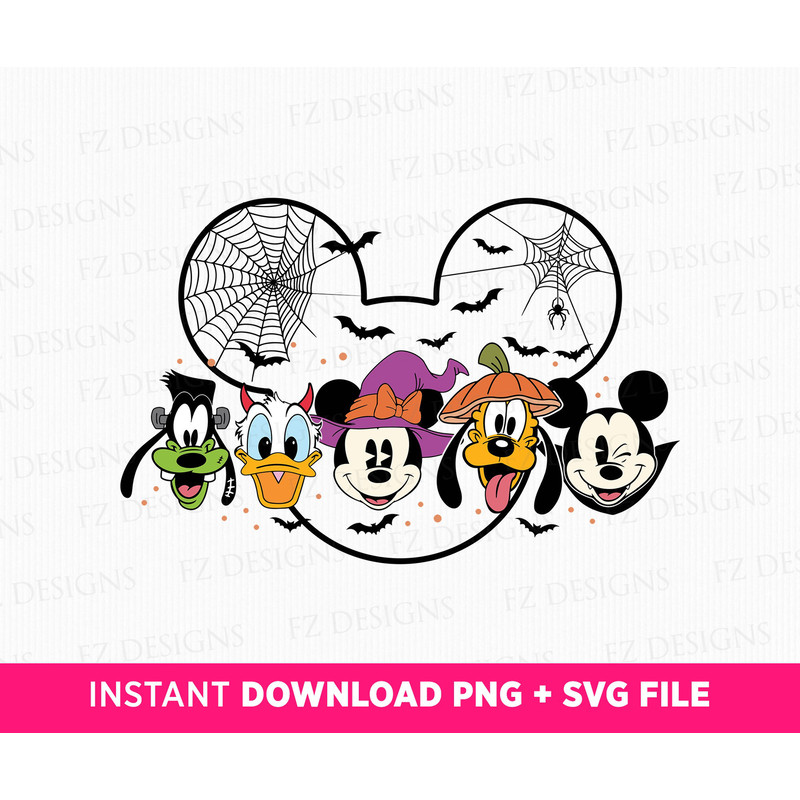 Happy Halloween Friends Svg, Mouse and Friends Svg, Spooky Vibes, Webs and Bats Svg, Mouse and Friends Faces Svg, Png Svg Files For Print.jpg