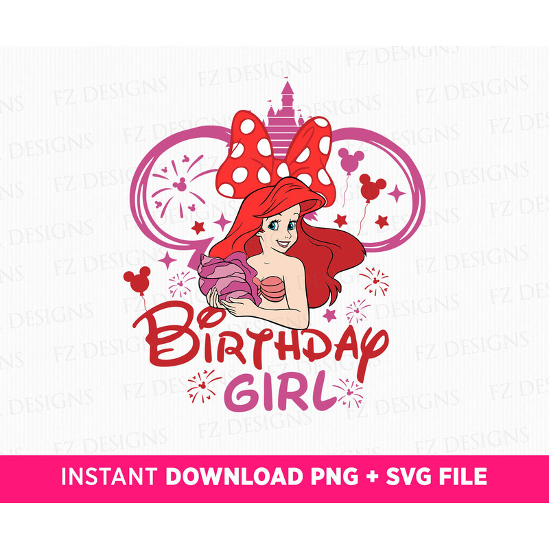 Mermaid Birthday Girl Svg, Magical Kingdom Svg, Princess Birthday Svg, Happy Birthday, Mouse Ear and Balloons Svg, Png Svg Files For Print.jpg