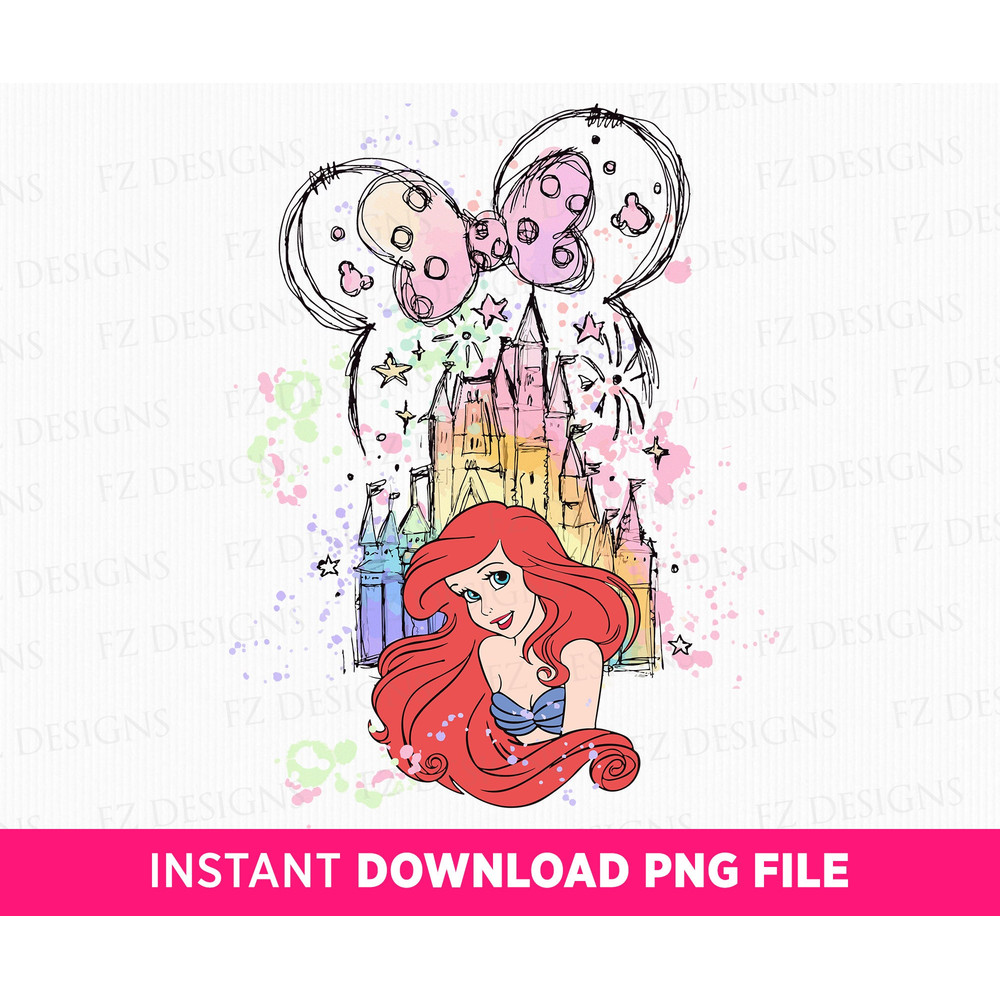 Mermaid Princess Png, Watercolor Magical Kingdom Png, Magical Castle Clipart Png, Mouse Ear and Bow, Vacay Mode, Png File For Sublimation.jpg