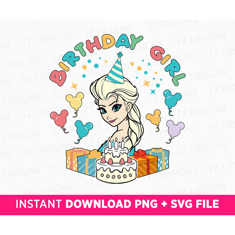 Princess Birthday Girl Svg, Happy Birthday Svg, Princess with Birthday Cake Svg, Mouse Balloons Svg, Family Birthday, Png For Sublimation.jpg