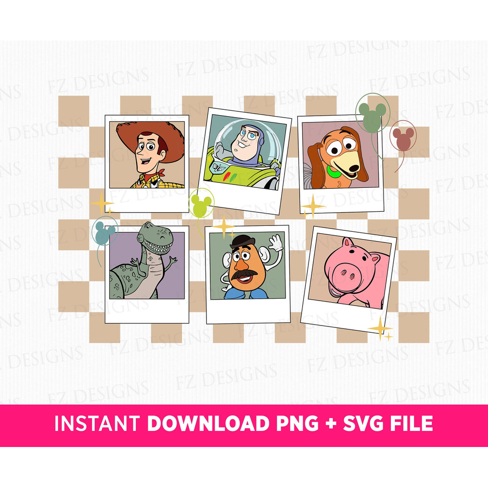 Polaroid Toy Friends Svg, Checkered Background Cowboy and Friends Svg, Family Trip Svg, Family Vacation, Png File For Sublimation.jpg