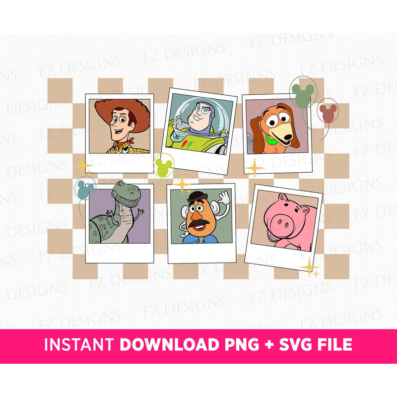 Polaroid Toy Friends Svg, Checkered Background Cowboy and Friends Svg, Family Trip Svg, Family Vacation, Png File For Sublimation.jpg