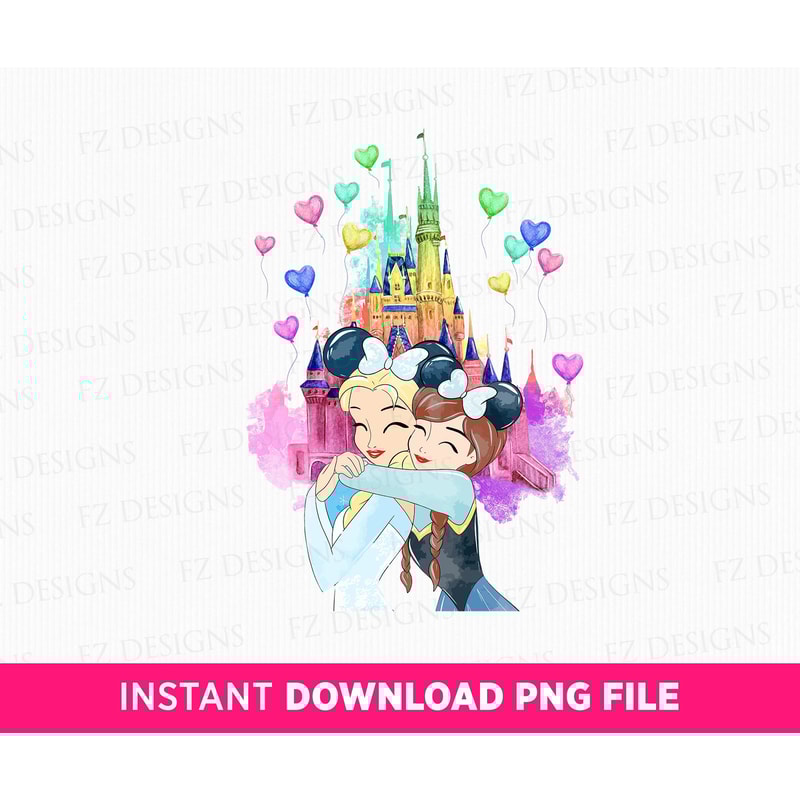 Princess Watercolor Png, Magical Castle with Balloons Png, Magical Kingdom Png, Best Friends Princess Png, Besties, Png File For Sublimation.jpg
