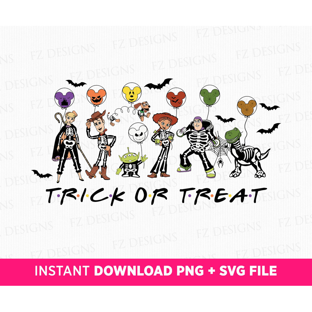Trick or Treat Svg, Happy Halloween Svg, Halloween Toy Friends Svg, Spooky Vibes Svg, Skeleton Friends, Bats and Webs, Png Svg Print Files.jpg