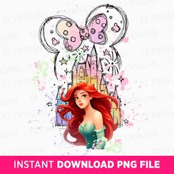 watercolor mouse ear castle png, mermaid princess png, watercolor magical kingdom png, castle and princess png, png file