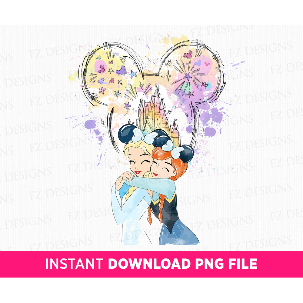 Watercolor Princess and Friend Png, Best Friends Png, Watercolor Magical Kindom, Besties Png, Mouse Ear and Castle, Sublimation Png File.jpg