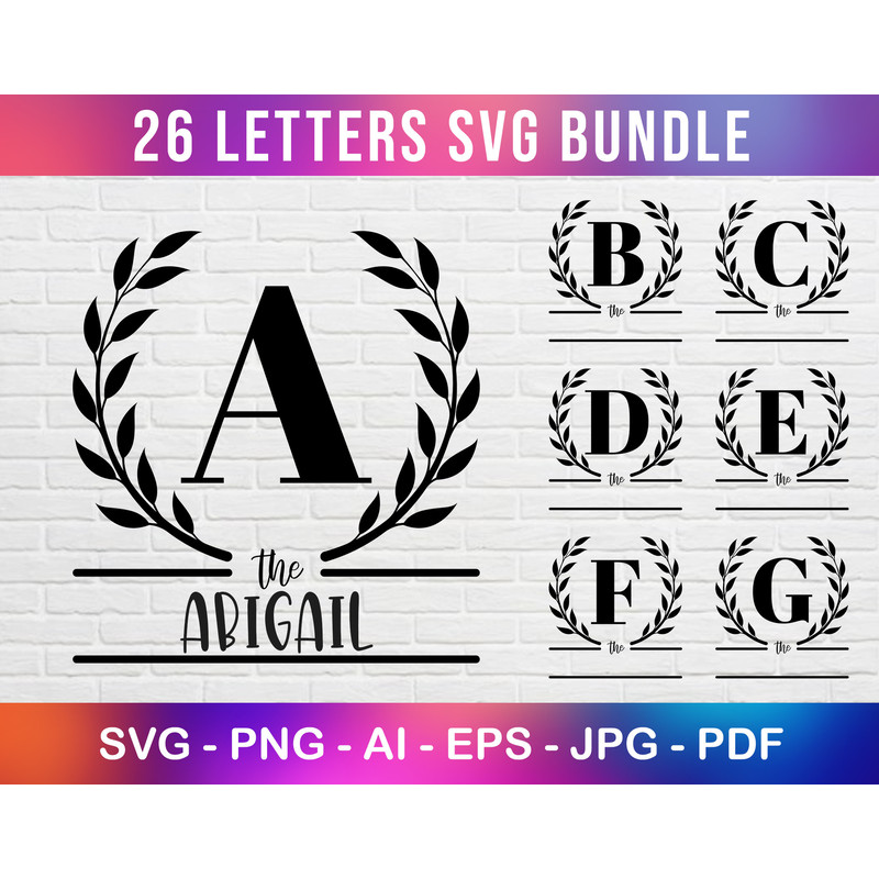 Laurel Wreath Alphabet Customizable Name Svg for Farmhouse, Monogram Wreath Svg, A to Z Alphabet Svg Bundle, Wreath Svg Bundle.jpg